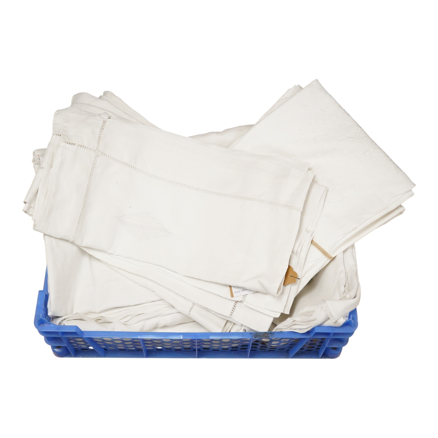 Two matching linen hand monogrammed sheets, one 216cm x 330cms, the other 212cm x 340 cms, together with three later monogrammed linen pillow cases and three embroidered cotton pillowcases.